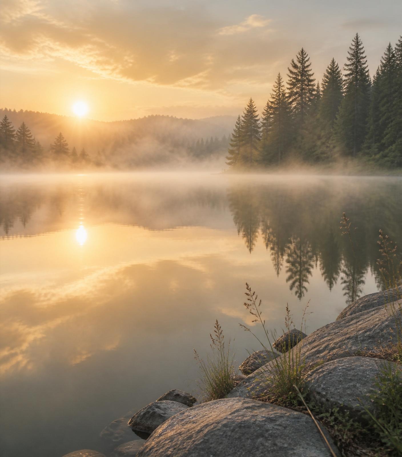 Misty lake at sunrise with golden light and forest reflections