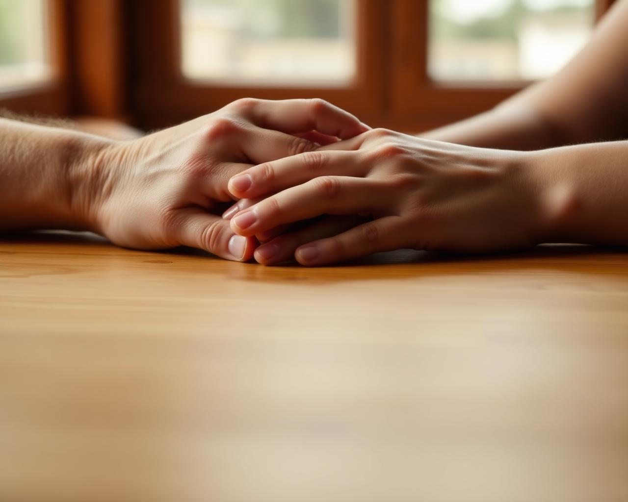 Adult and child hands resting together on a warm wooden table in window light