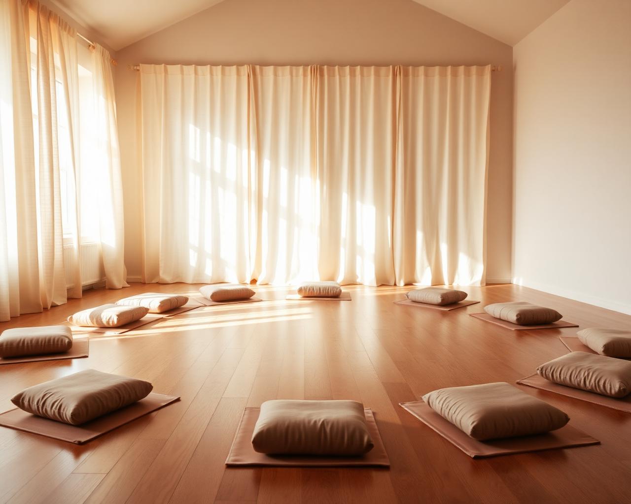 A circle of meditation cushions on a warm wooden floor in soft natural light