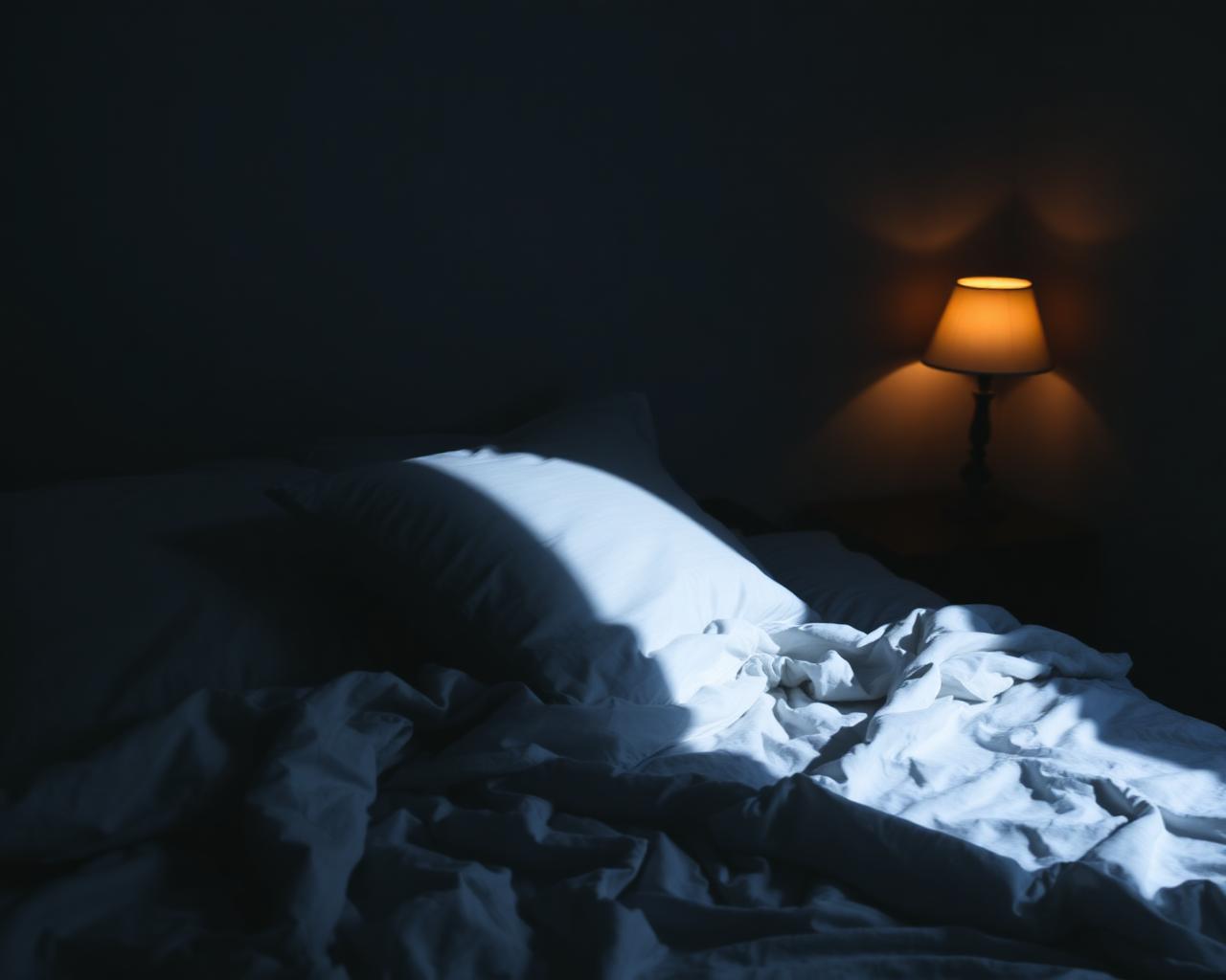 Moonlight falling across rumpled linen with a warm lamp glowing in the corner